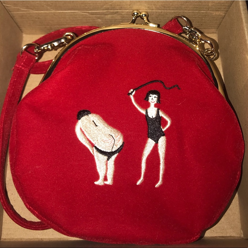 Red embroidered Domme Goth Velvety clutch w/ strap